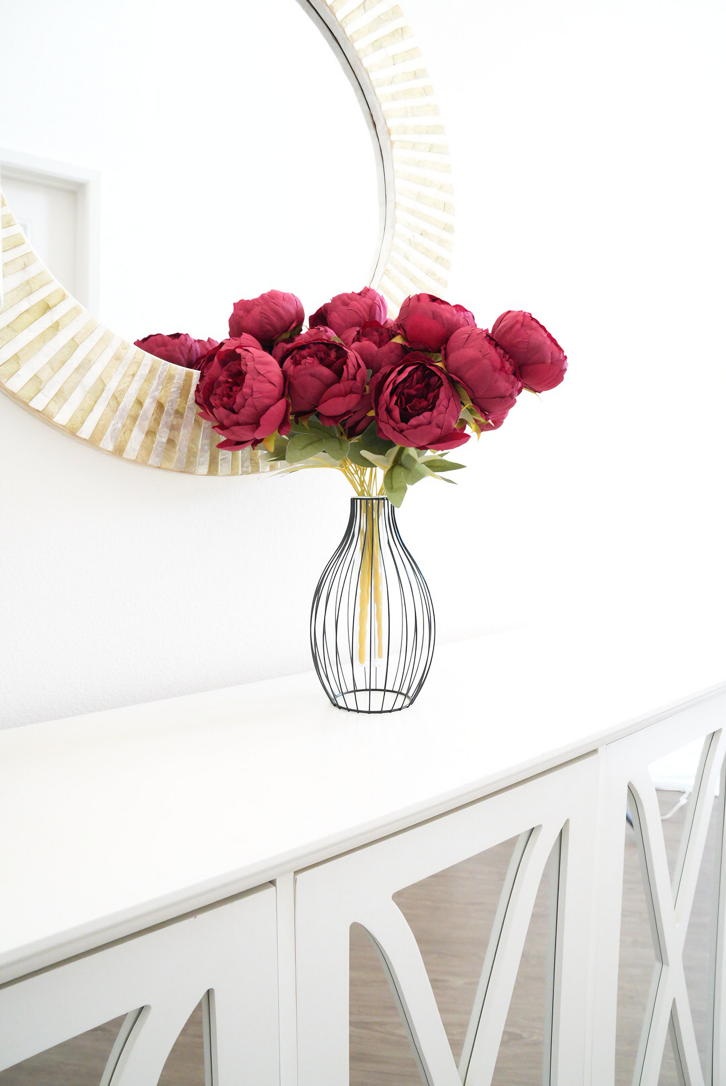 7 Heads Faux Burgundy Peony | Black Vase Peony Arrangement