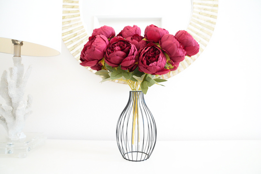 7 Heads Faux Burgundy Peony | Black Vase Peony Arrangement