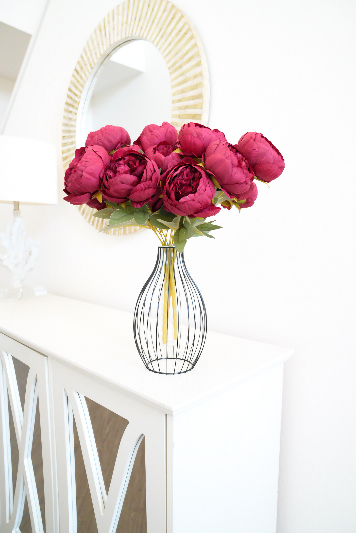 7 Heads Faux Burgundy Peony | Black Vase Peony Arrangement