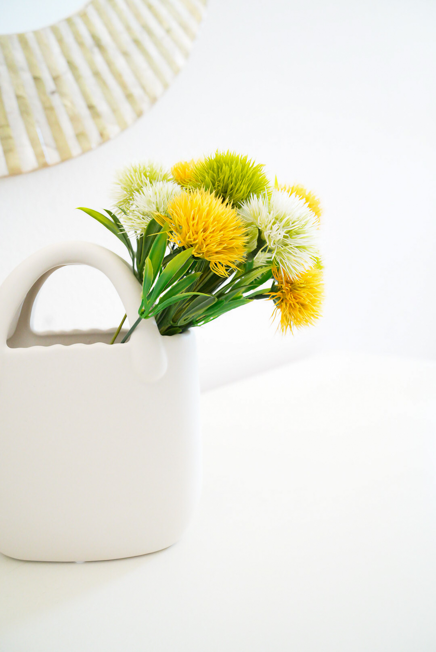 Vase "Handbag" with 12 Artificial Dandelions | Artificial Flowers Arrangement