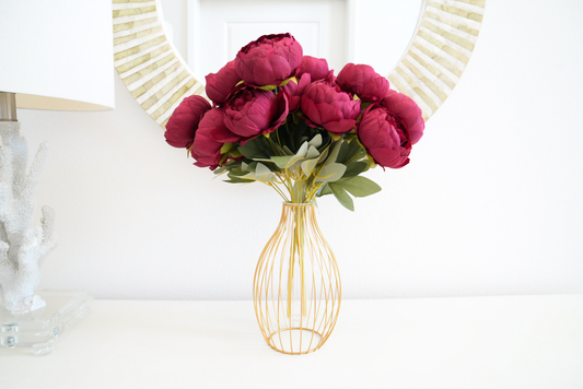 7 Heads Faux Burgundy Peony | Gold Vase Peony Arrangement
