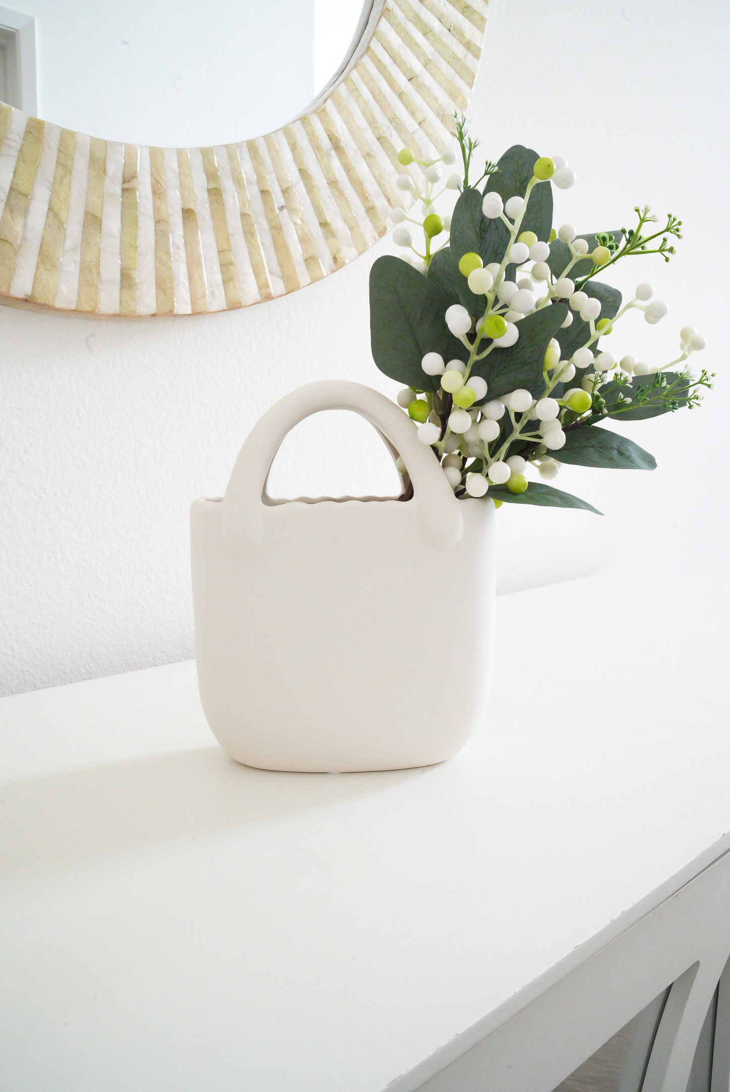 Ceramic "Handbag" Vase with Artificial Berries and Eucalyptus